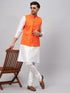 Vastramay Men's Orange Matka Silk Nehru Jacket With White Silk Blend Kurta Pyjama Set